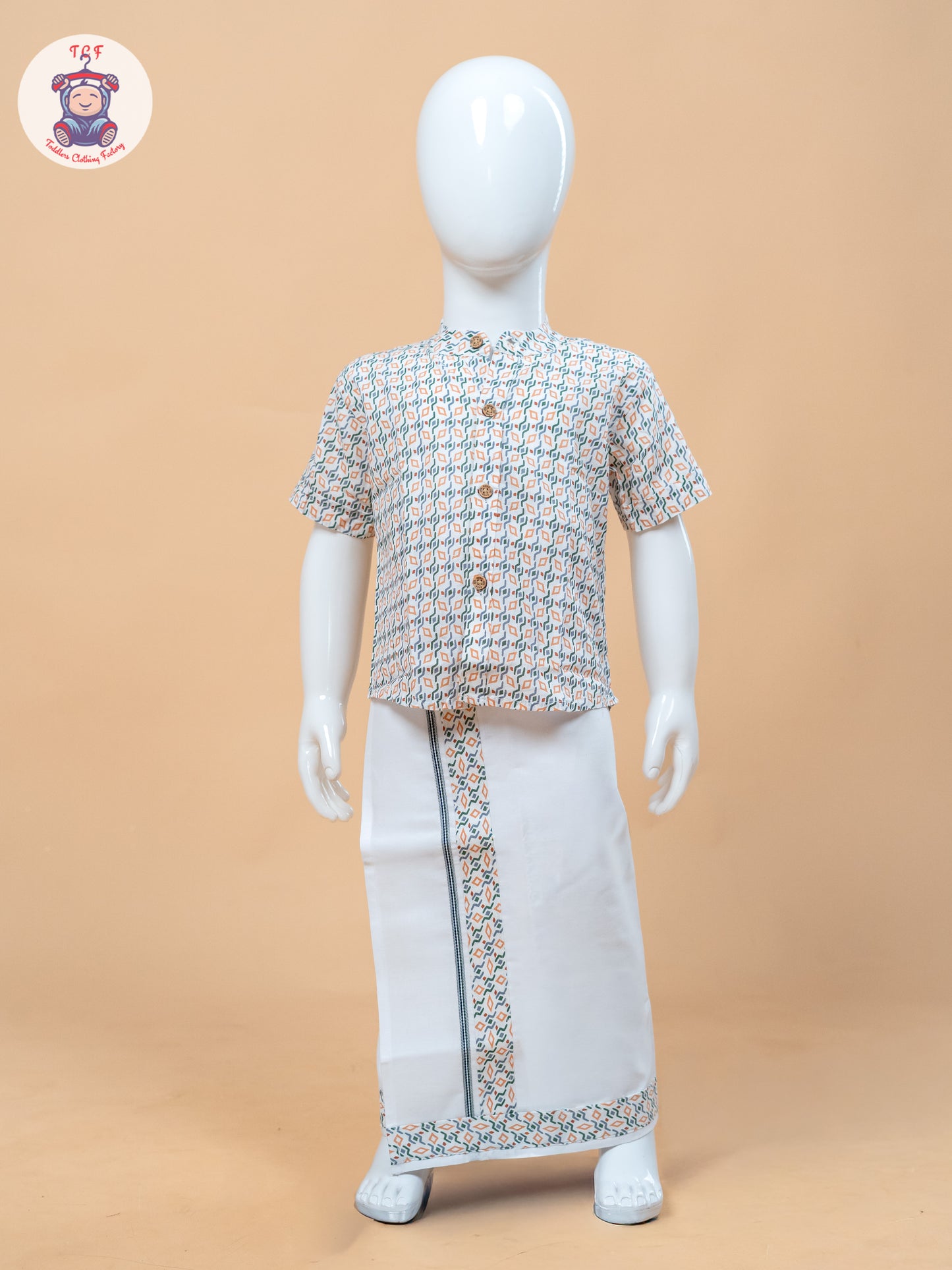 Orange With Green & White - Boys Welcro Dhotis & Shirts