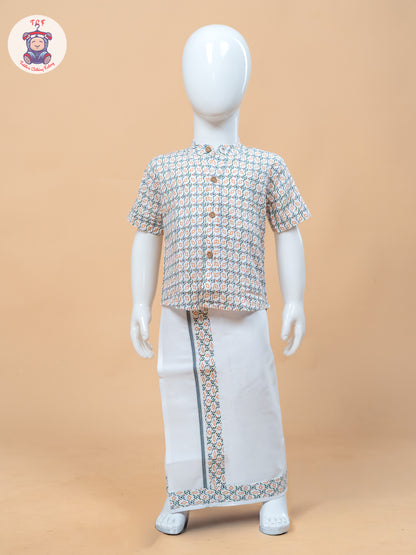 Orange With Green & White - Boys Welcro Dhotis & Shirts