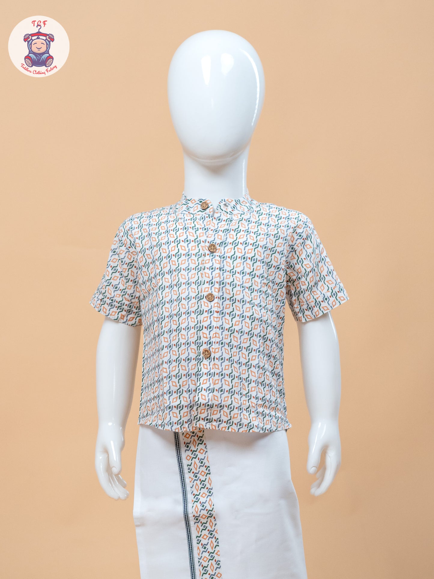 Orange With Green & White - Boys Welcro Dhotis & Shirts