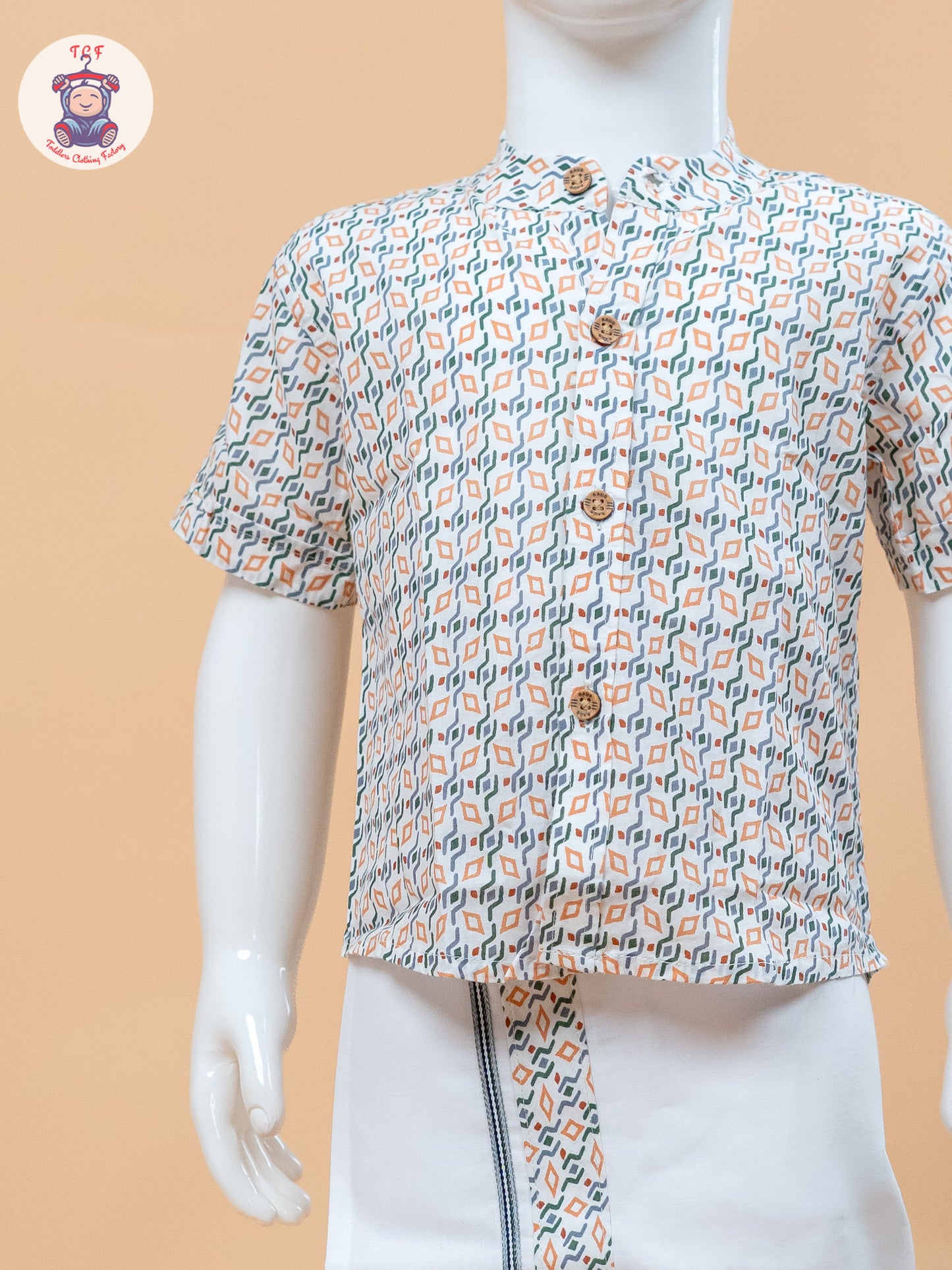 Orange With Green & White - Boys Welcro Dhotis & Shirts