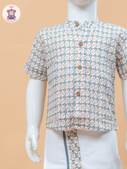 Orange With Green & White - Boys Welcro Dhotis & Shirts