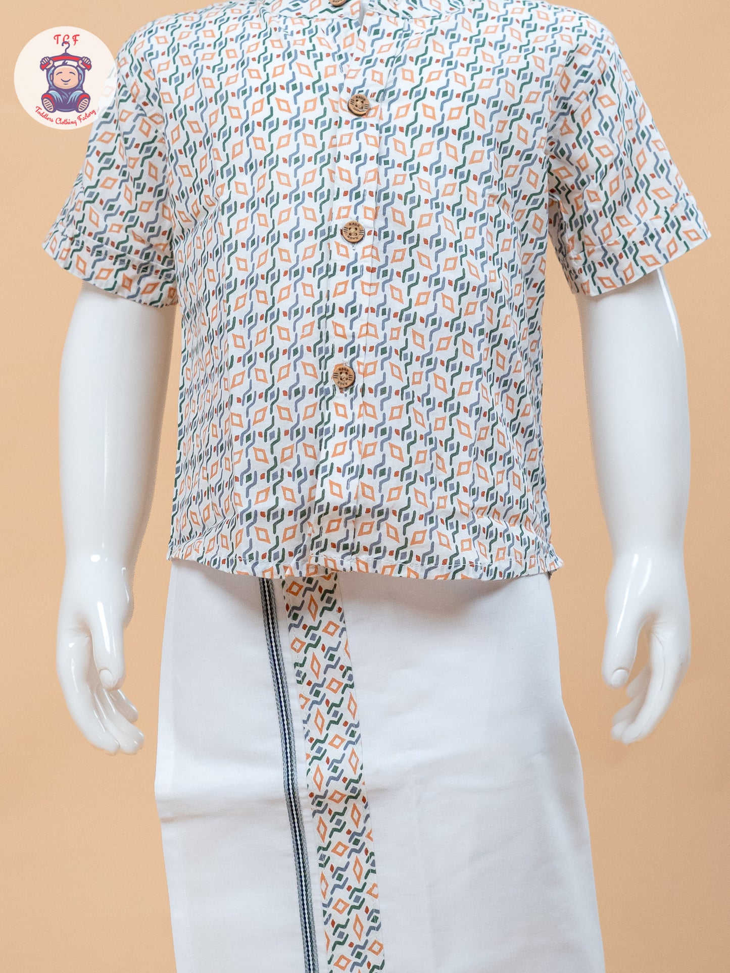 Orange With Green & White - Boys Welcro Dhotis & Shirts