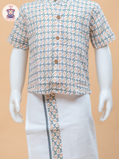 Orange With Green & White - Boys Welcro Dhotis & Shirts
