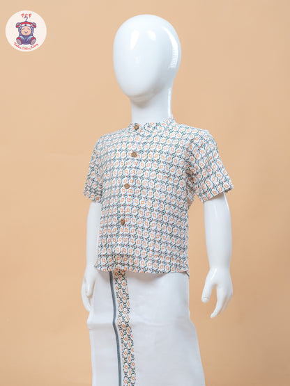 Orange With Green & White - Boys Welcro Dhotis & Shirts
