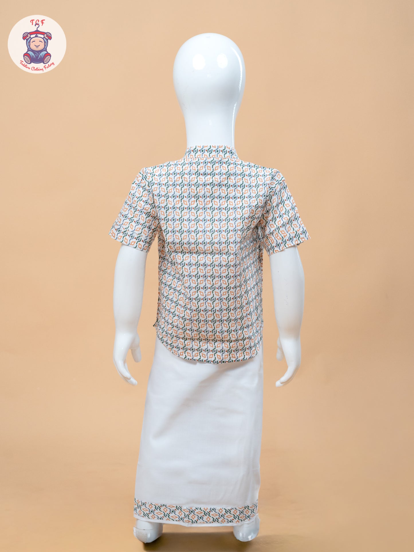 Orange With Green & White - Boys Welcro Dhotis & Shirts