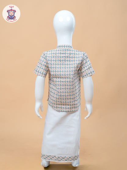 Orange With Green & White - Boys Welcro Dhotis & Shirts