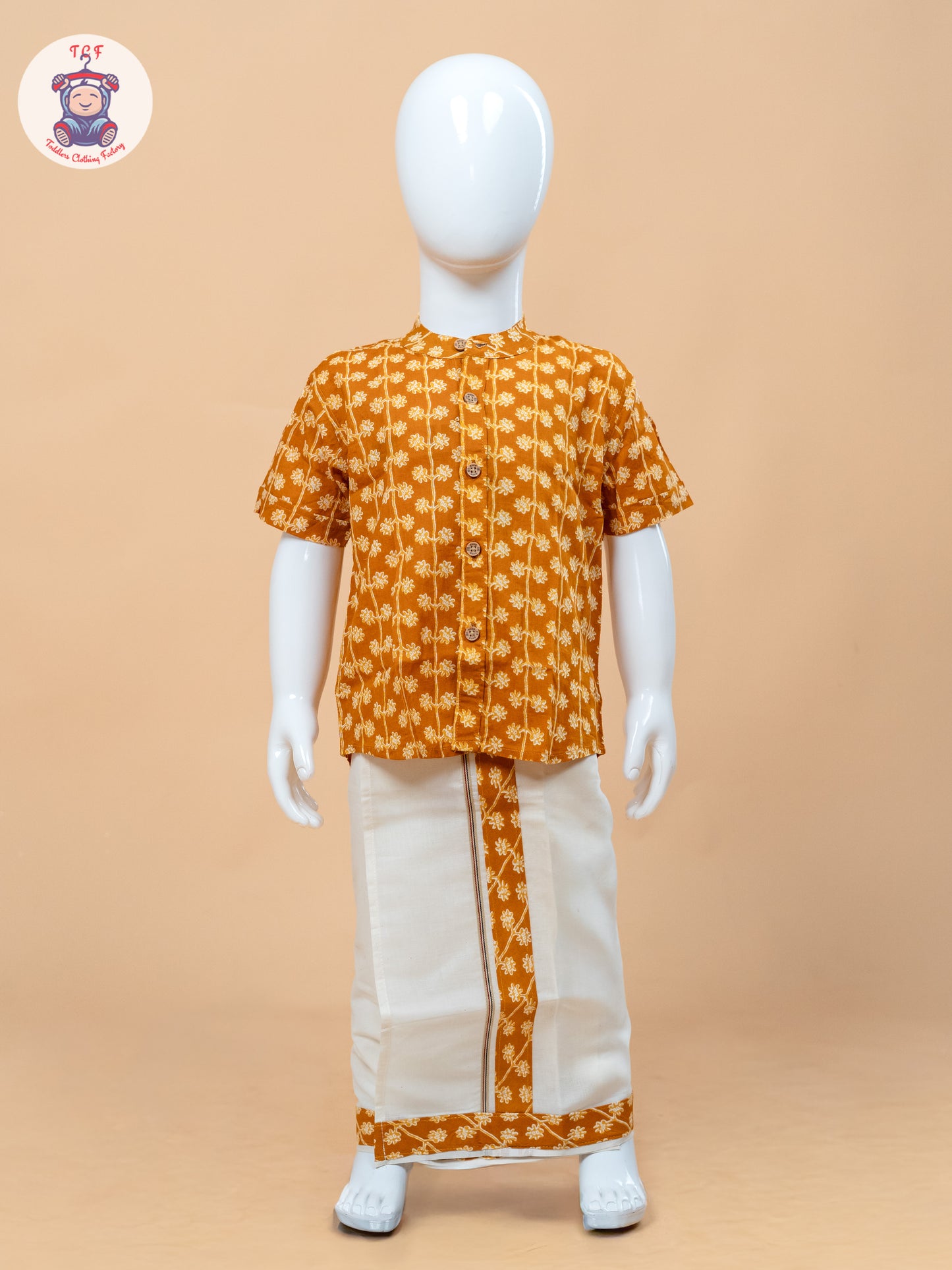 Rust Orange & Cream - Boys Welcro Dhotis & Shirts