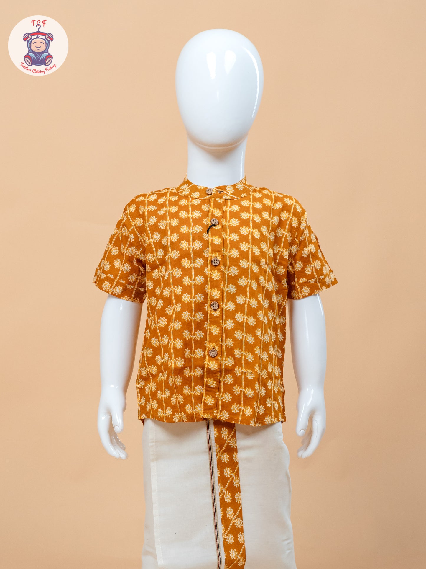 Rust Orange & Cream - Boys Welcro Dhotis & Shirts
