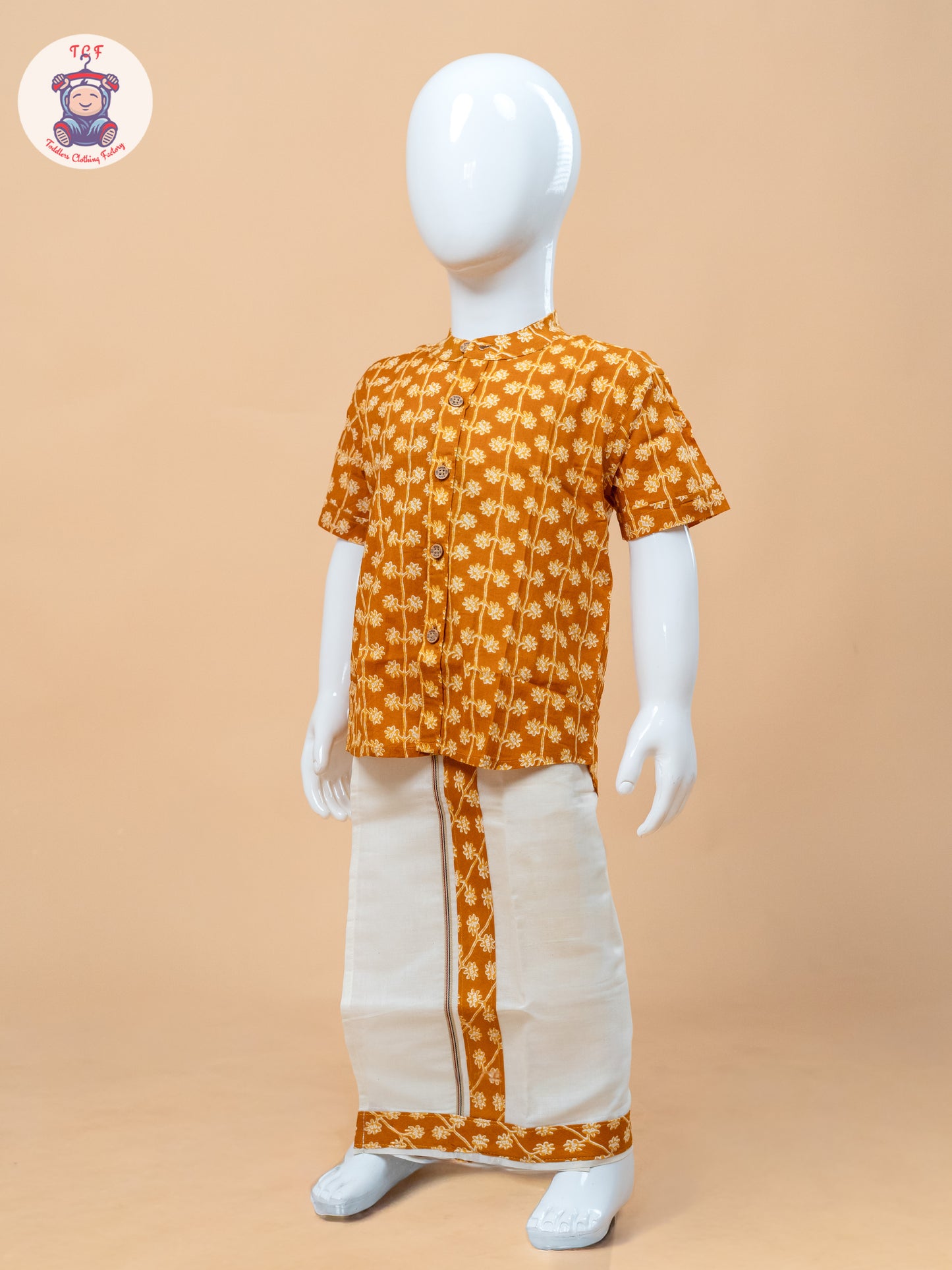 Rust Orange & Cream - Boys Welcro Dhotis & Shirts