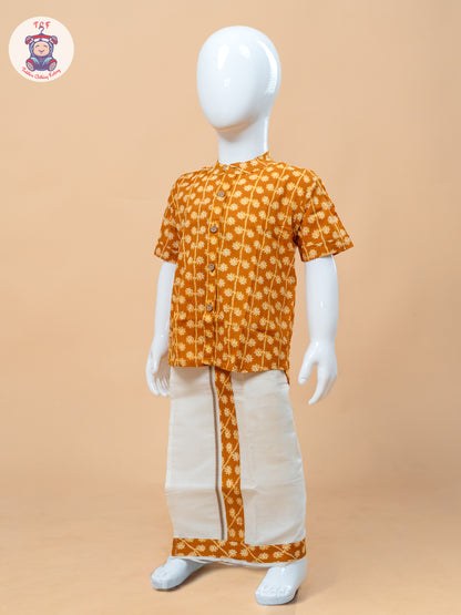 Rust Orange & Cream - Boys Welcro Dhotis & Shirts