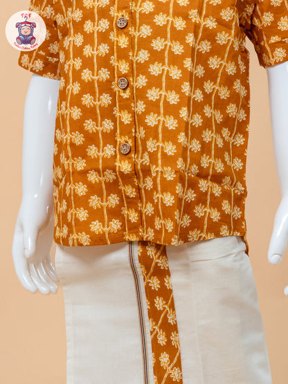 Rust Orange & Cream - Boys Welcro Dhotis & Shirts