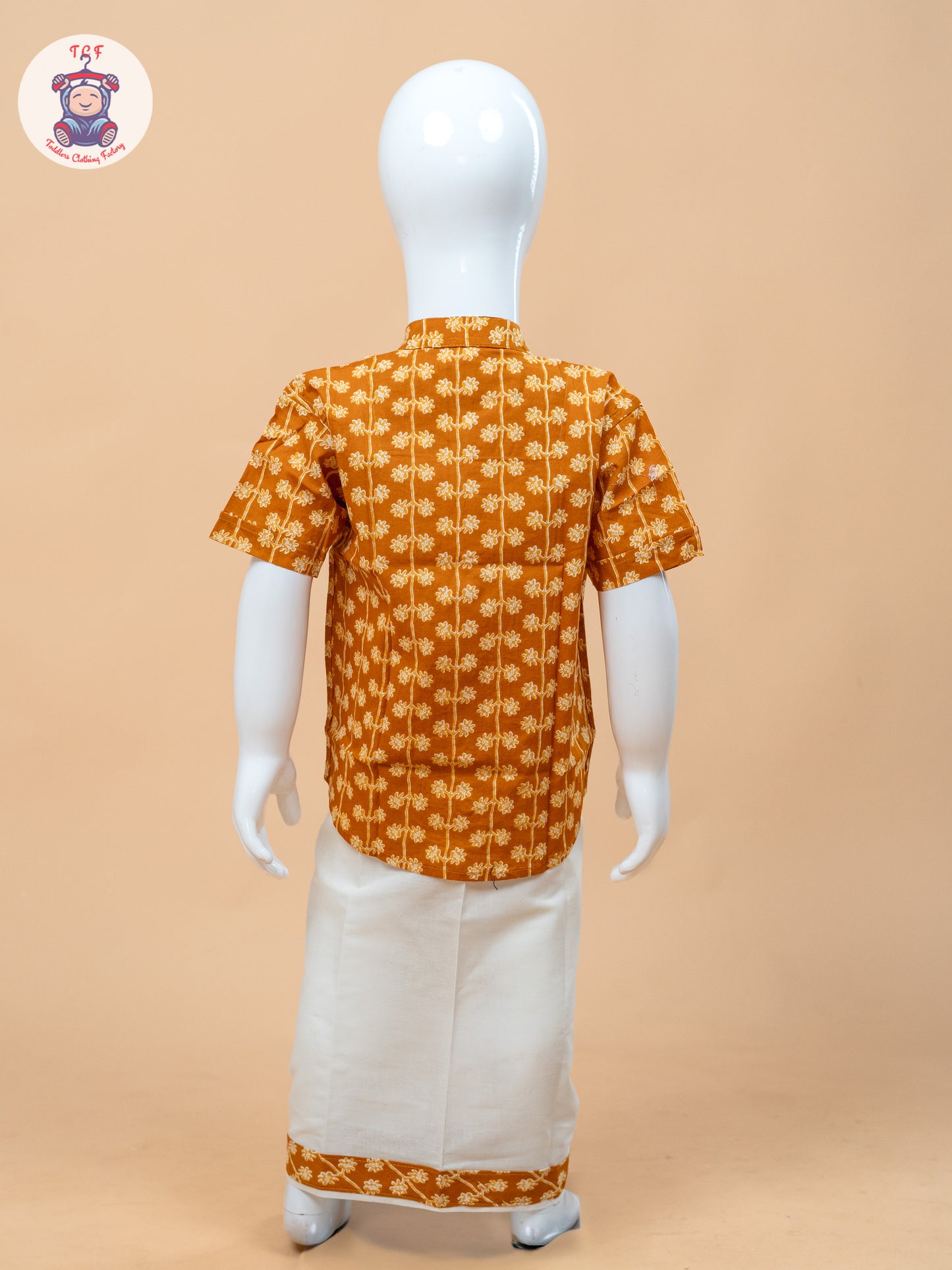 Rust Orange & Cream - Boys Welcro Dhotis & Shirts