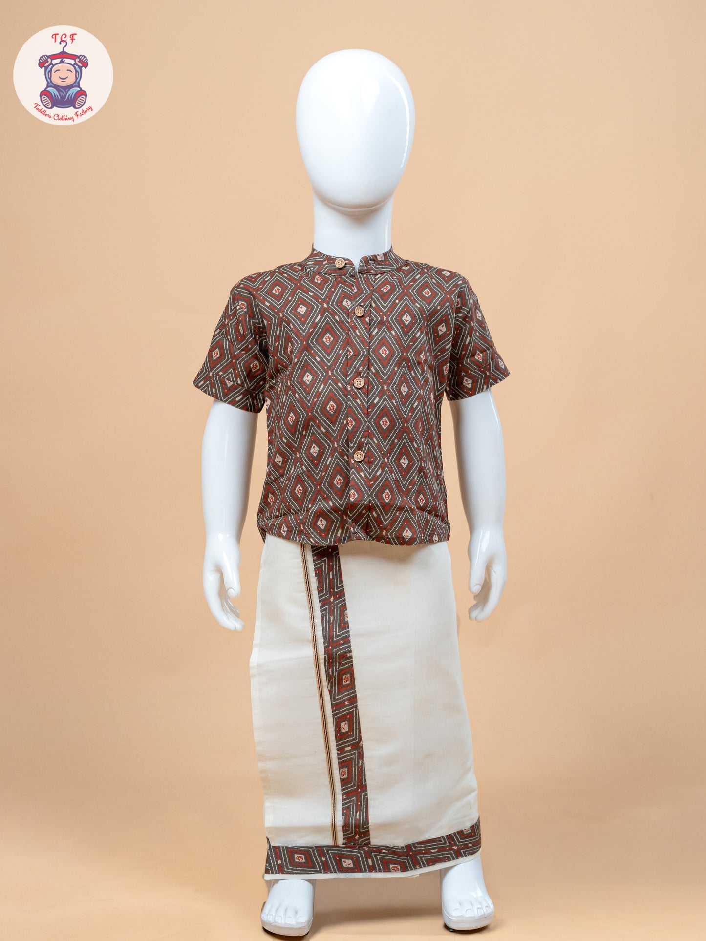 Brown & Cream - Boys Welcro Dhotis & Shirts