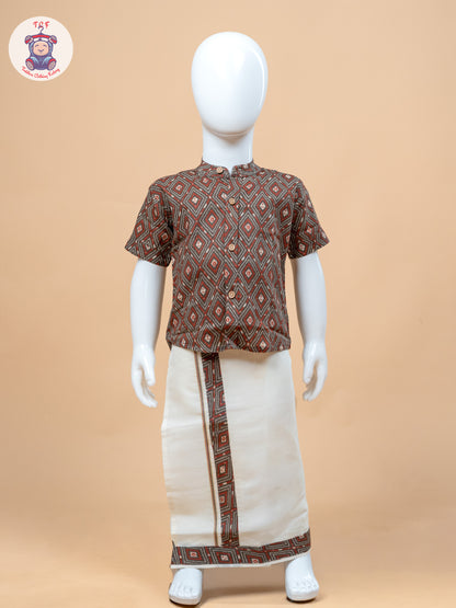 Brown & Cream - Boys Welcro Dhotis & Shirts