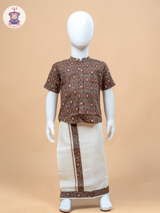 Brown & Cream - Boys Welcro Dhotis & Shirts
