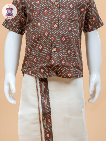 Brown & Cream - Boys Welcro Dhotis & Shirts