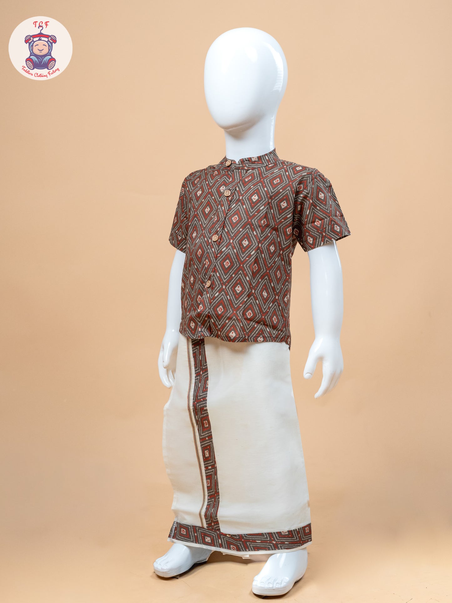 Brown & Cream - Boys Welcro Dhotis & Shirts
