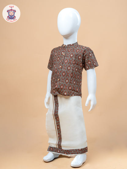 Brown & Cream - Boys Welcro Dhotis & Shirts