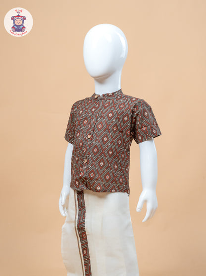 Brown & Cream - Boys Welcro Dhotis & Shirts