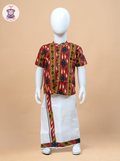 Red & White - Boys Welcro Dhotis & Shirts