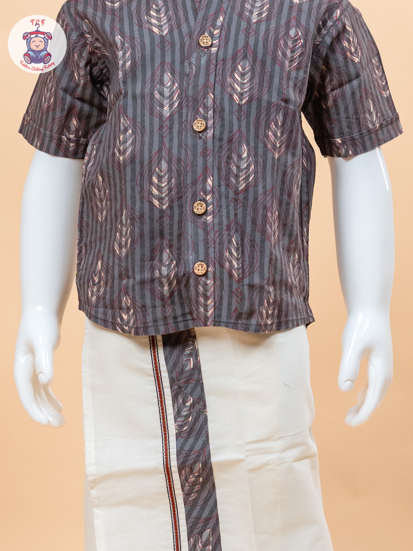 Dark Grey & Cream - Boys Welcro Dhotis & Shirts