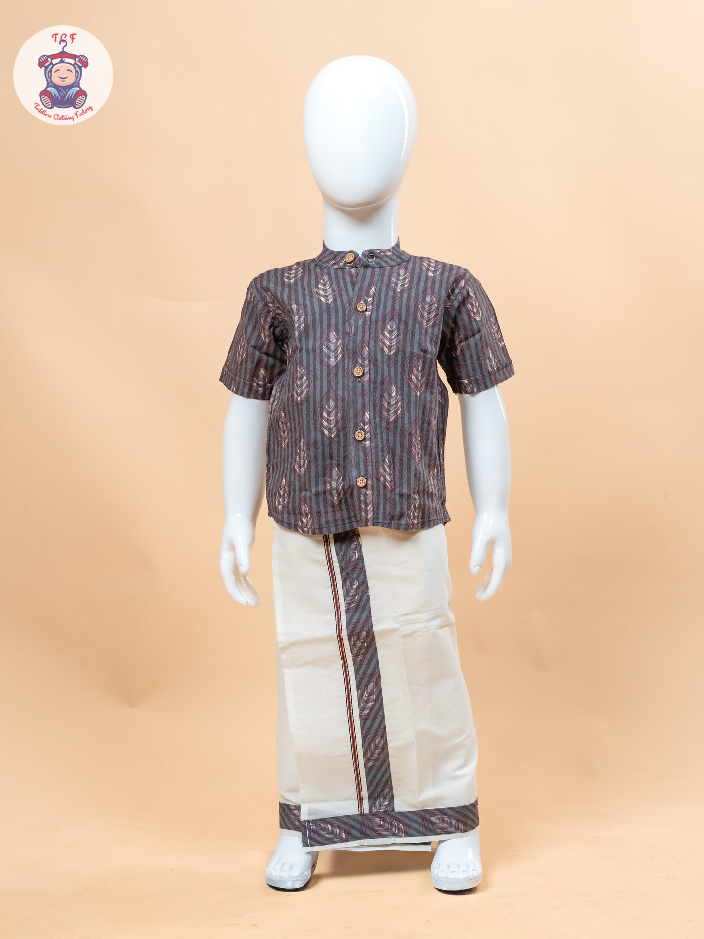 Dark Grey & Cream - Boys Welcro Dhotis & Shirts