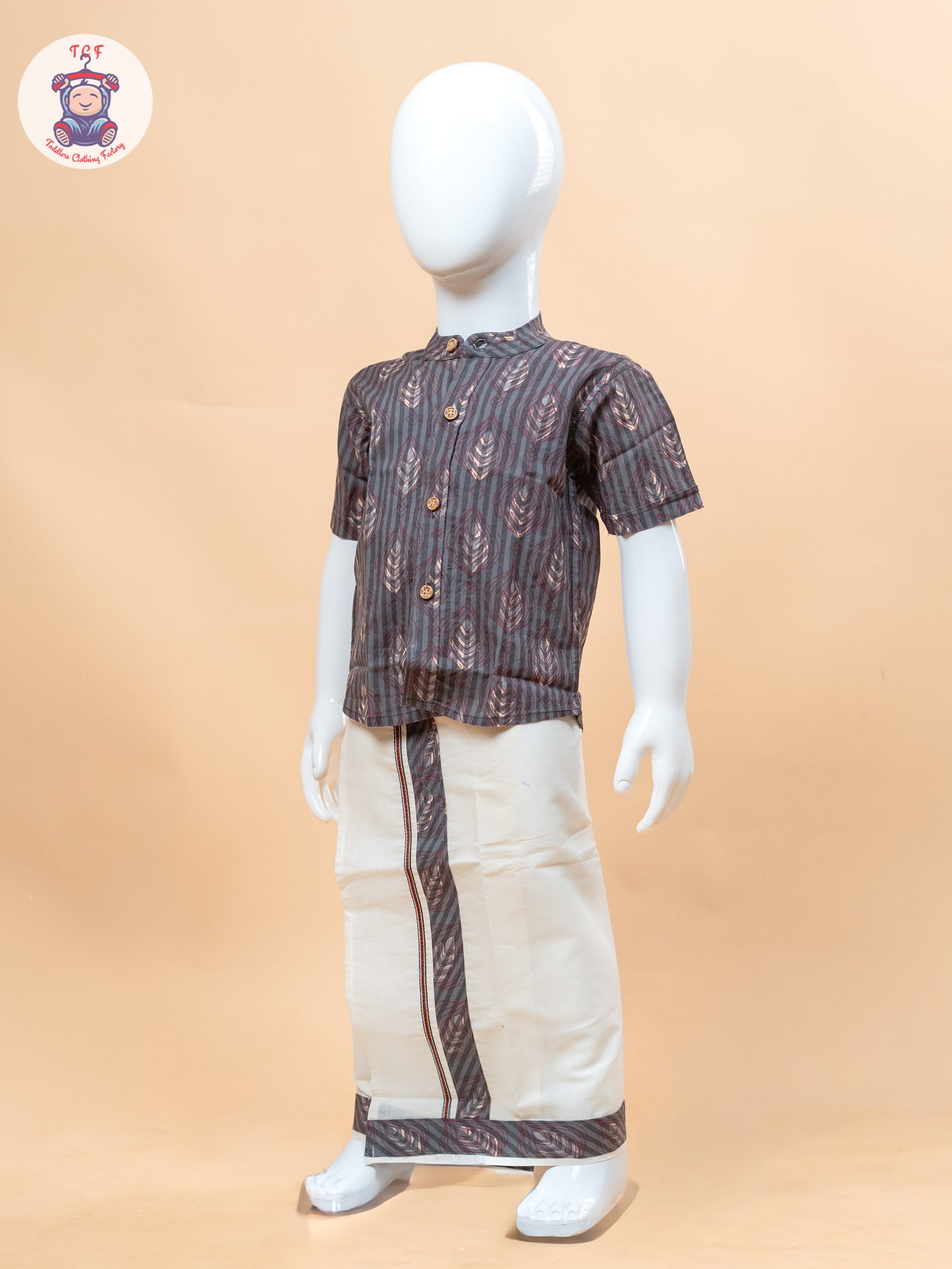 Dark Grey & Cream - Boys Welcro Dhotis & Shirts
