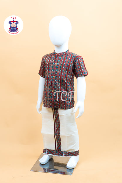 Red & Cream - Boys Welcro Dhotis & Shirts