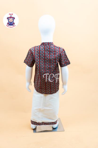 Red & Cream - Boys Welcro Dhotis & Shirts