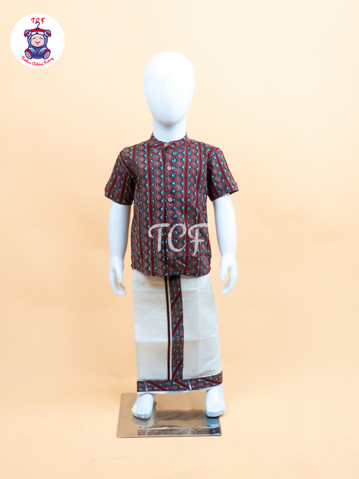 Red & Cream - Boys Welcro Dhotis & Shirts