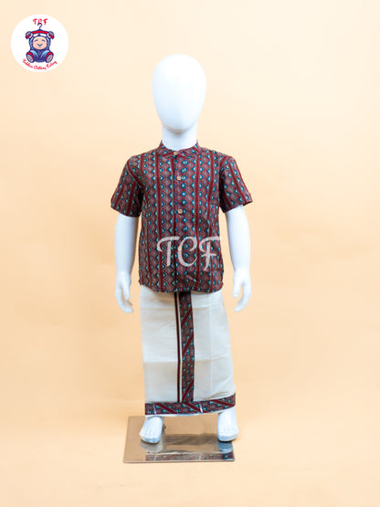 Red & Cream - Boys Welcro Dhotis & Shirts