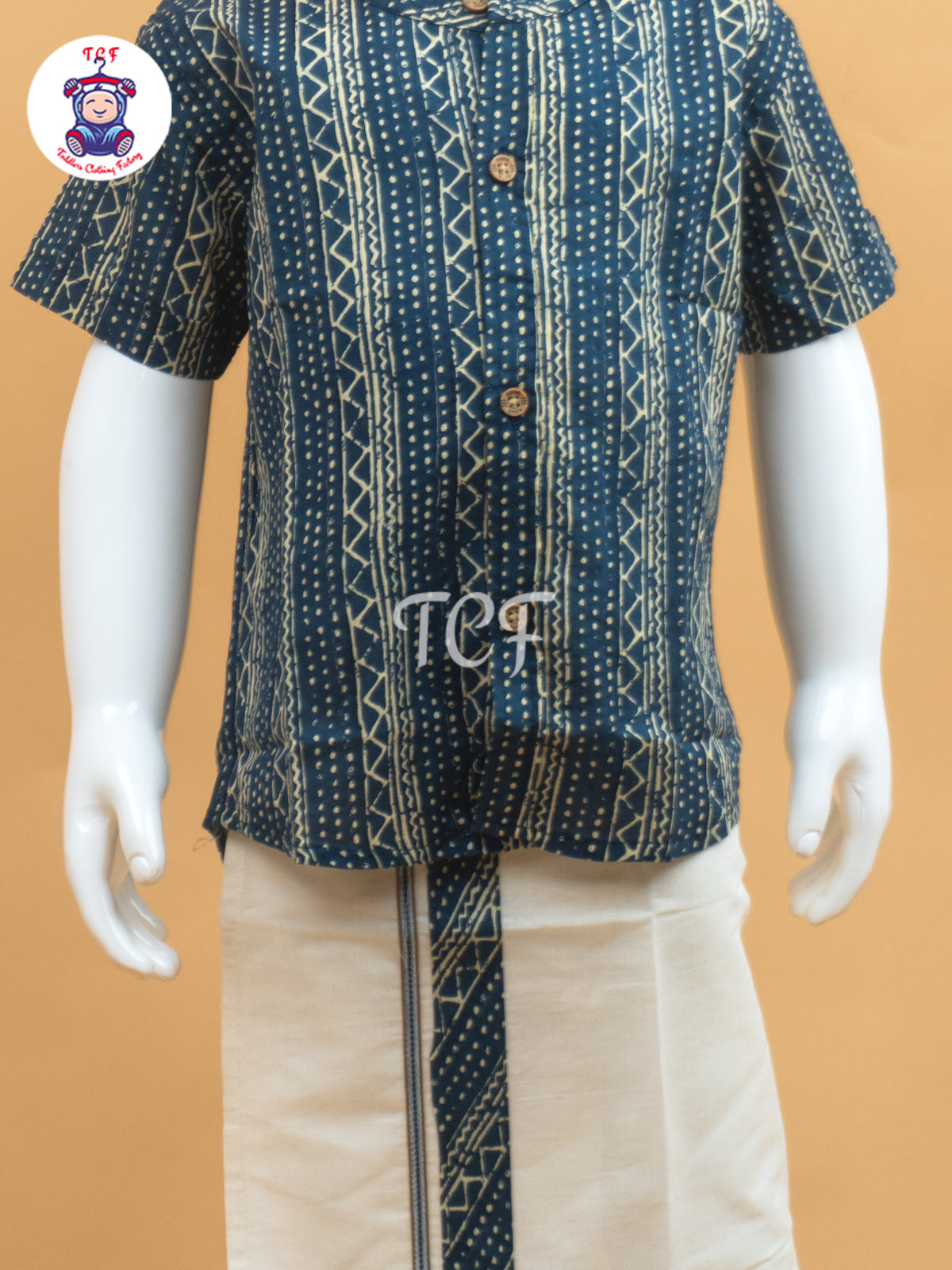 Blue & Cream - Boys Welcro Dhotis & Shirts