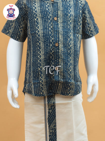 Blue & Cream - Boys Welcro Dhotis & Shirts