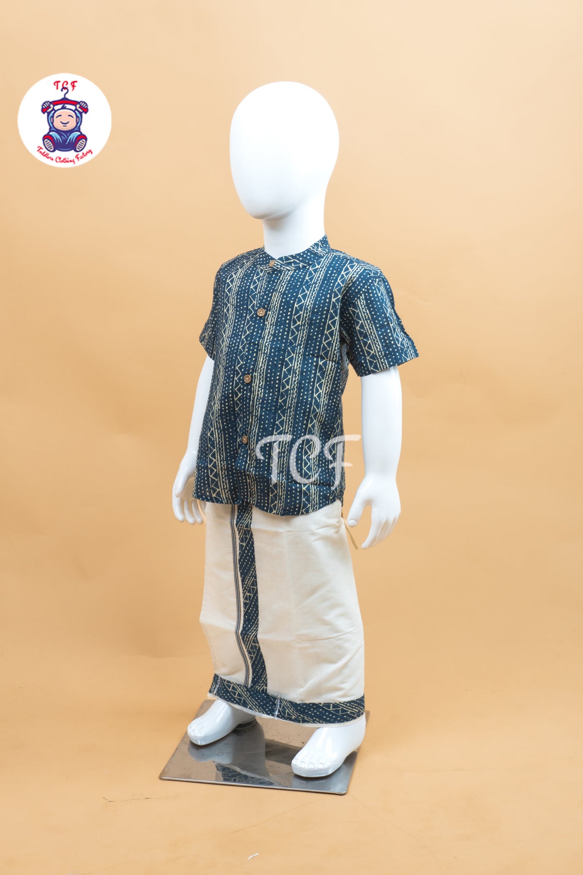 Blue & Cream - Boys Welcro Dhotis & Shirts
