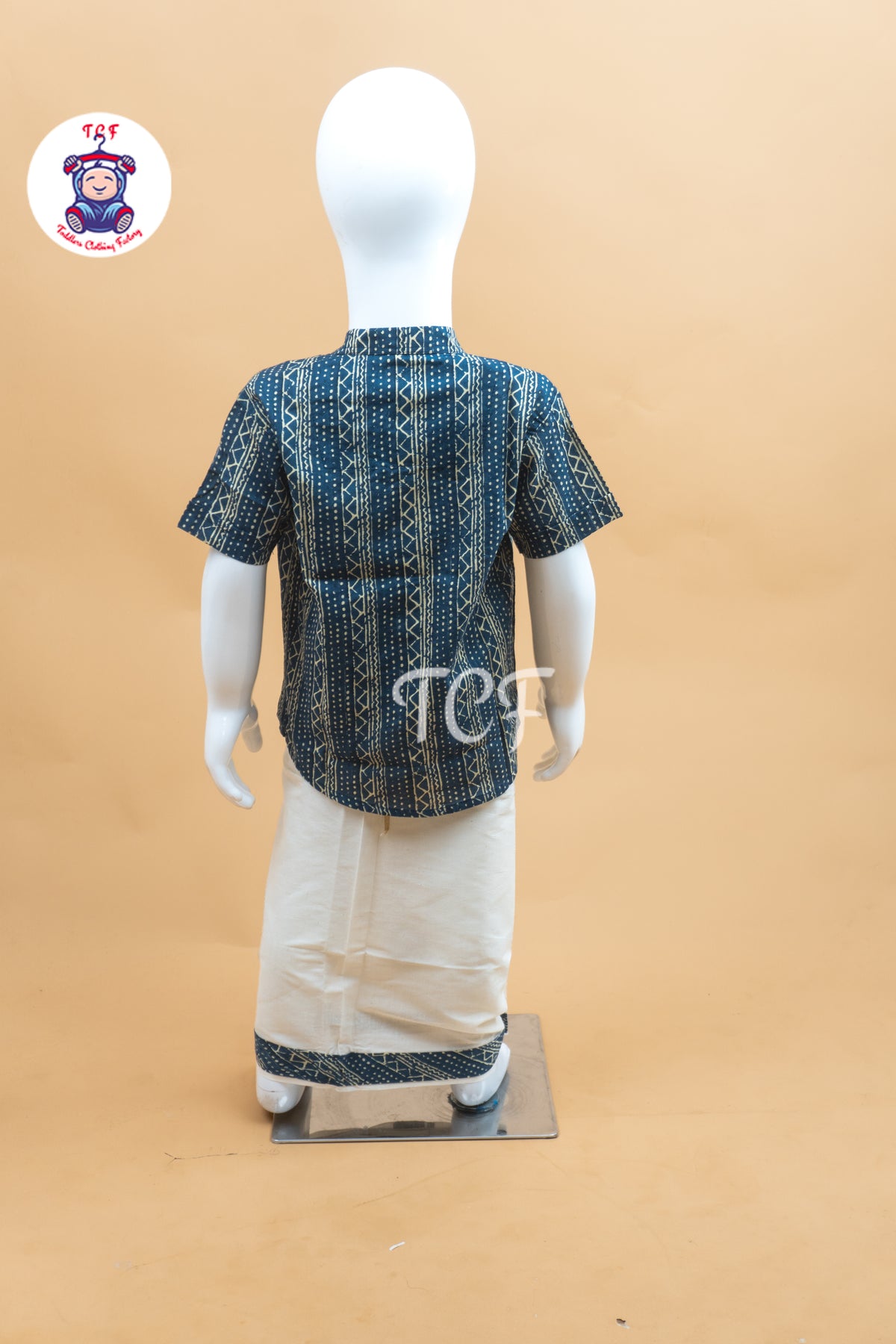Blue & Cream - Boys Welcro Dhotis & Shirts