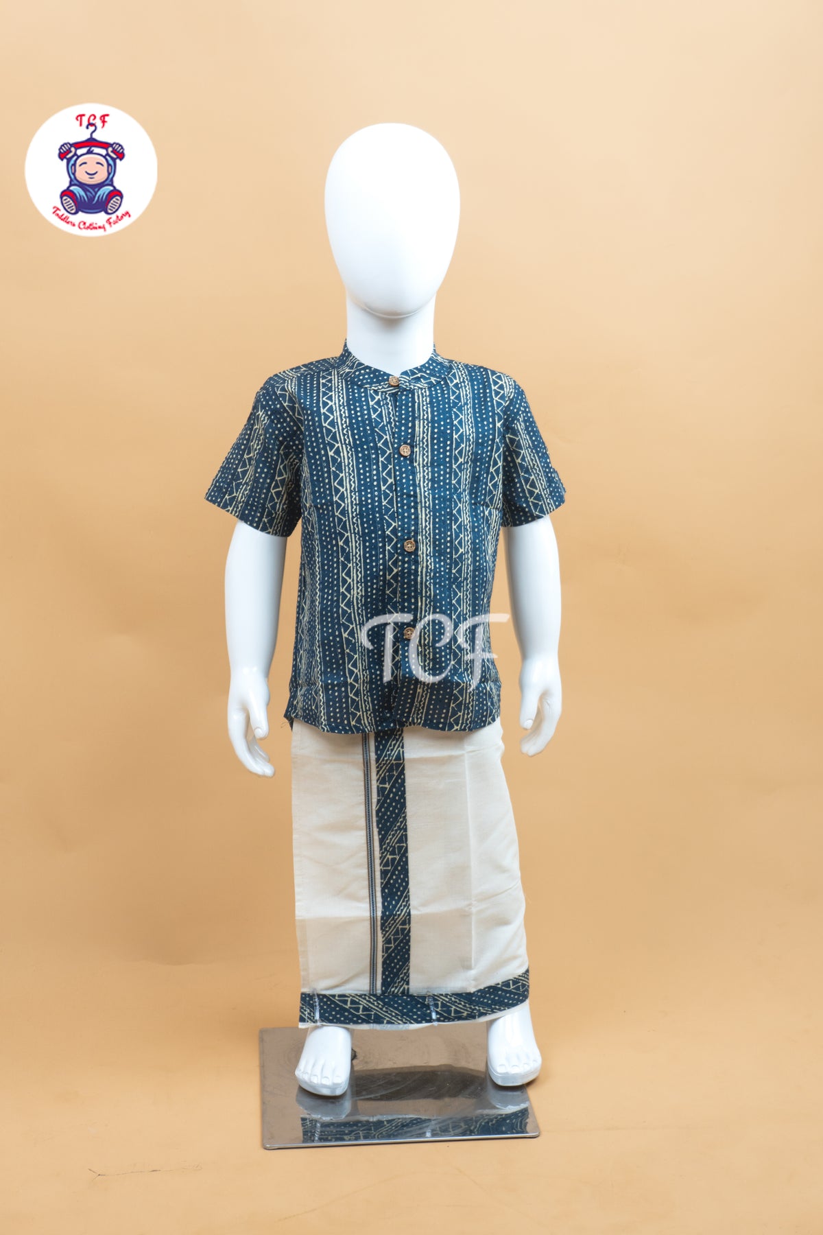 Blue & Cream - Boys Welcro Dhotis & Shirts