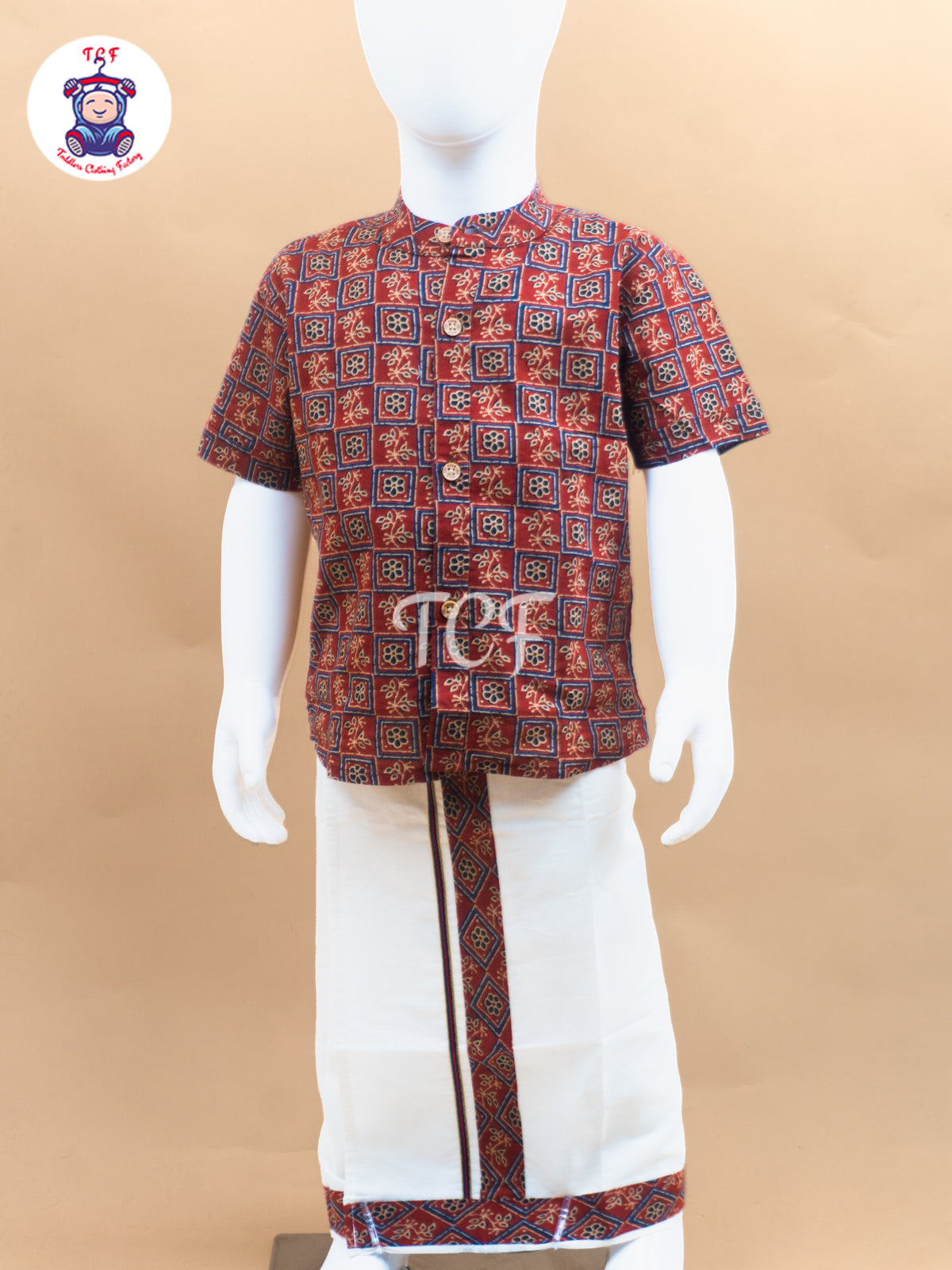 Maroon & Cream - Boys Welcro Dhotis & Shirts