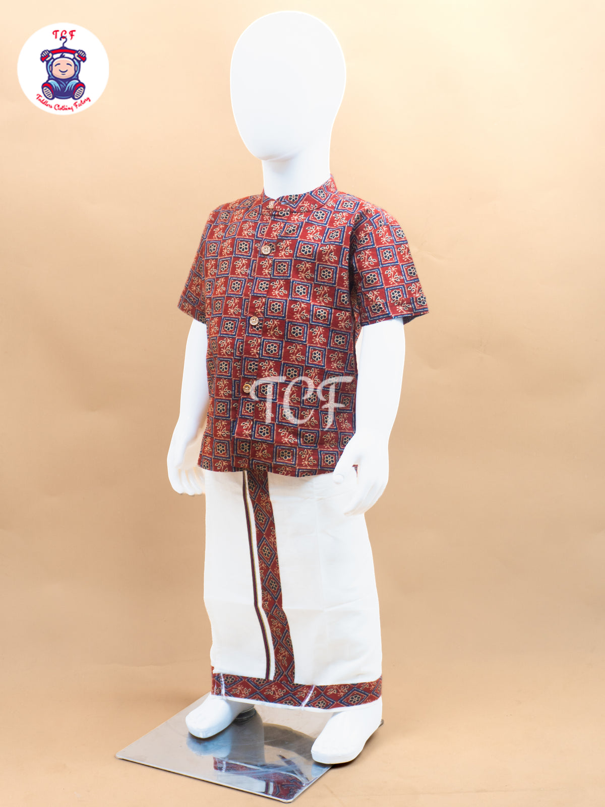 Maroon & Cream - Boys Welcro Dhotis & Shirts