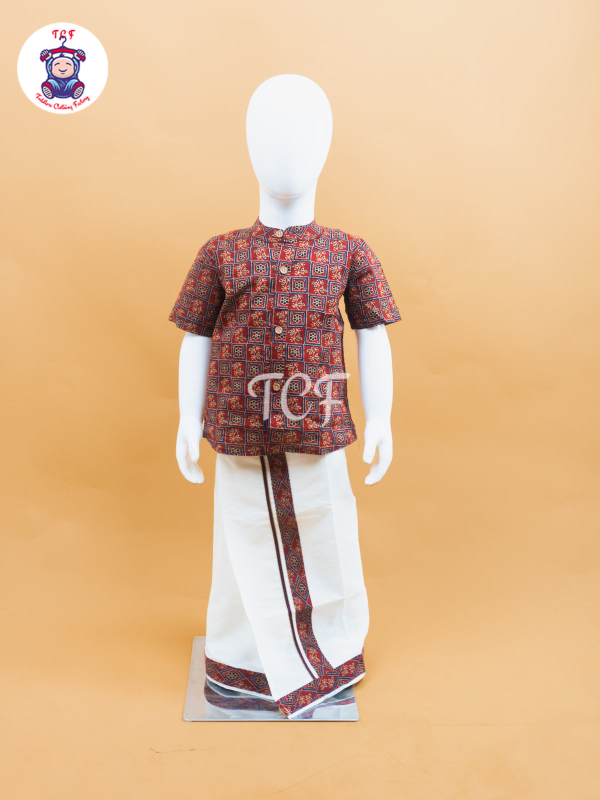 Maroon & Cream - Boys Welcro Dhotis & Shirts