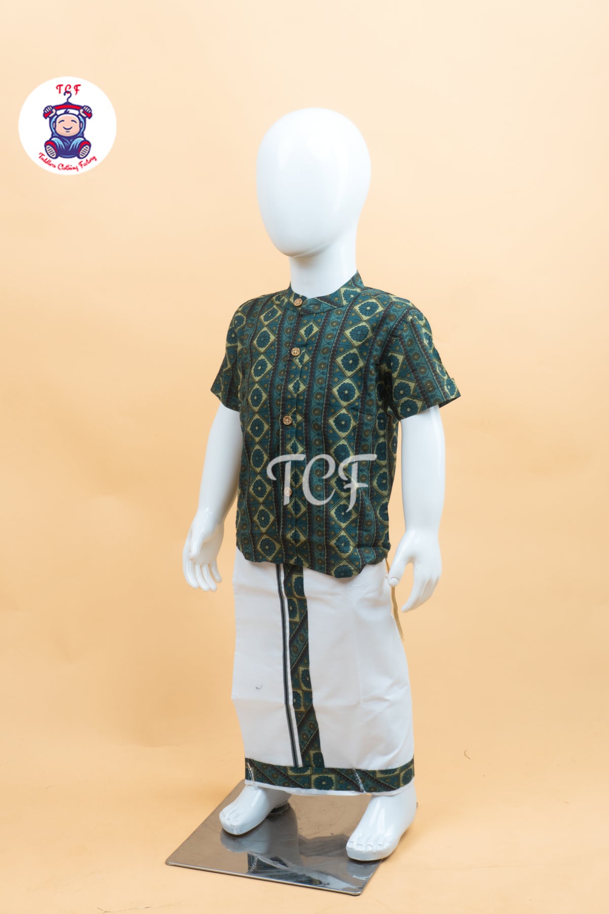Light Green & White - Boys Welcro Dhotis & Shirts