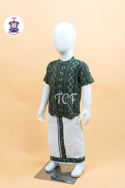 Light Green & White - Boys Welcro Dhotis & Shirts