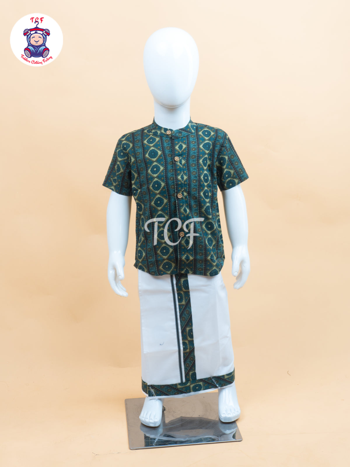 Light Green & White - Boys Welcro Dhotis & Shirts