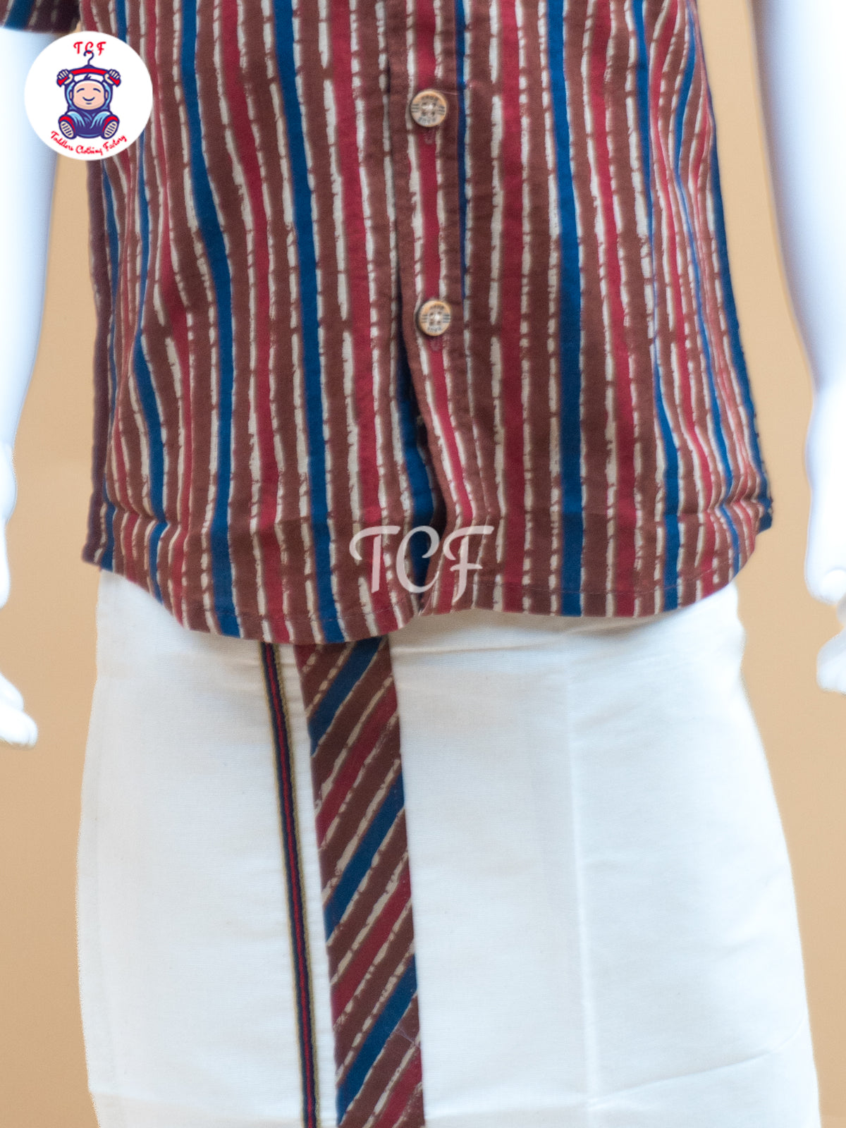 Red With  Blue & Cream - Boys Welcro Dhotis & Shirts