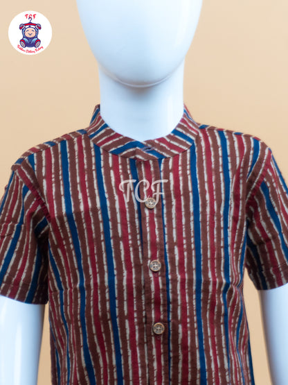 Red With  Blue & Cream - Boys Welcro Dhotis & Shirts