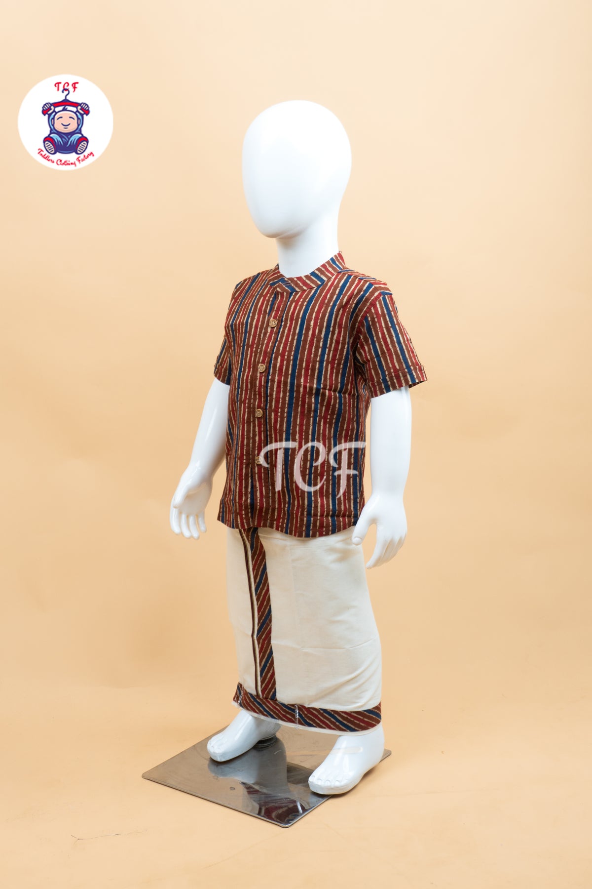 Red With  Blue & Cream - Boys Welcro Dhotis & Shirts