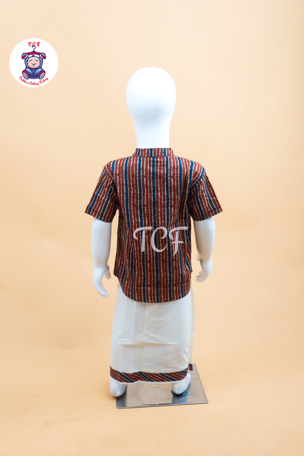 Red With  Blue & Cream - Boys Welcro Dhotis & Shirts