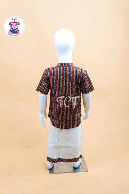 Red With  Blue & Cream - Boys Welcro Dhotis & Shirts