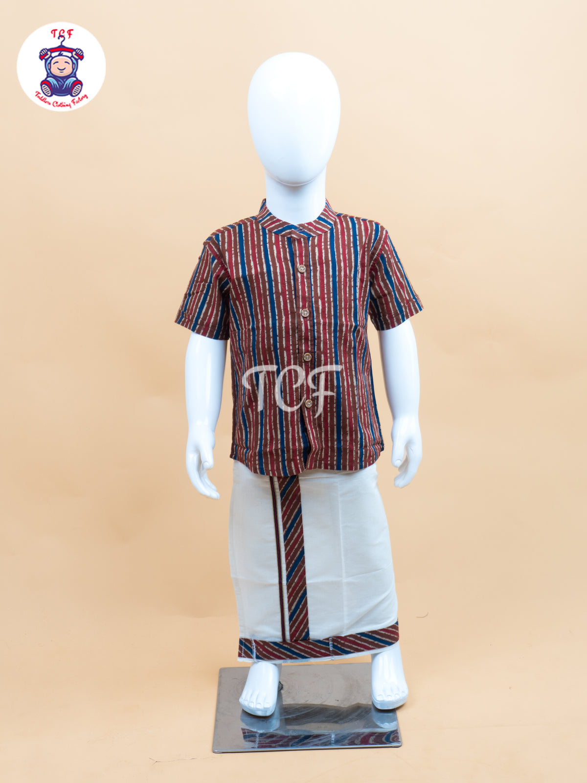 Red With  Blue & Cream - Boys Welcro Dhotis & Shirts