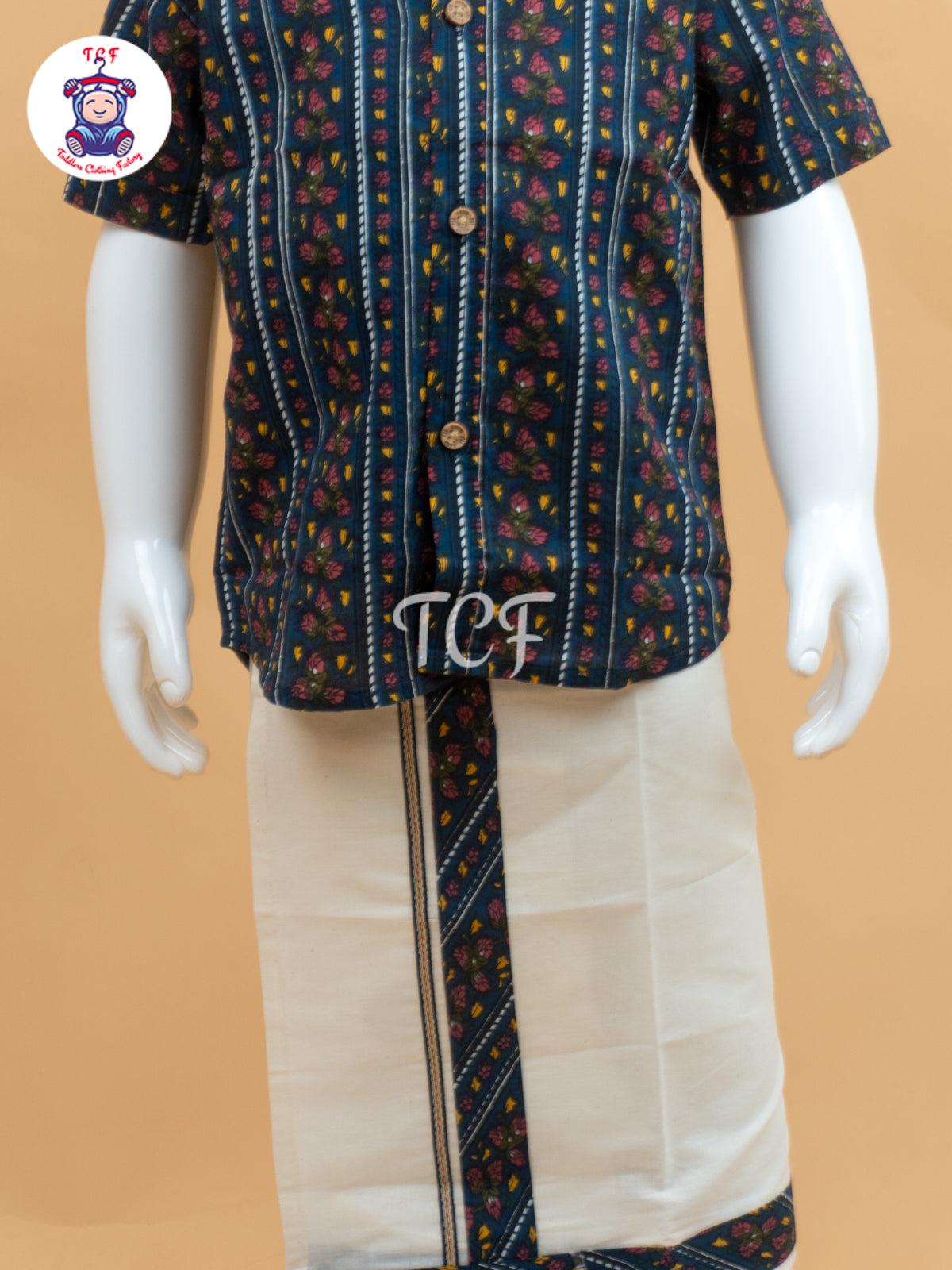 Blue & Cream - Boys Welcro Dhotis & Shirts