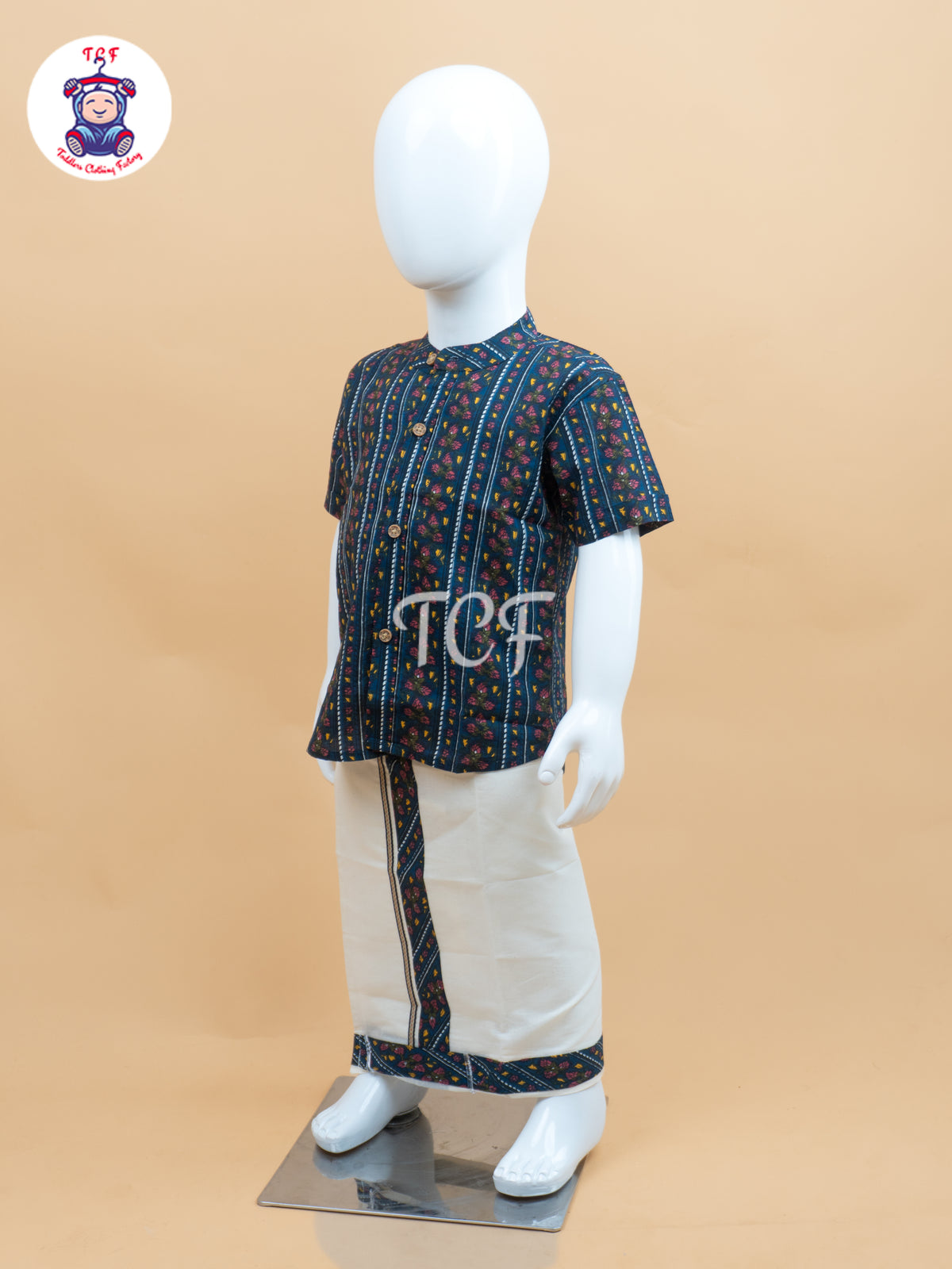 Blue & Cream - Boys Welcro Dhotis & Shirts